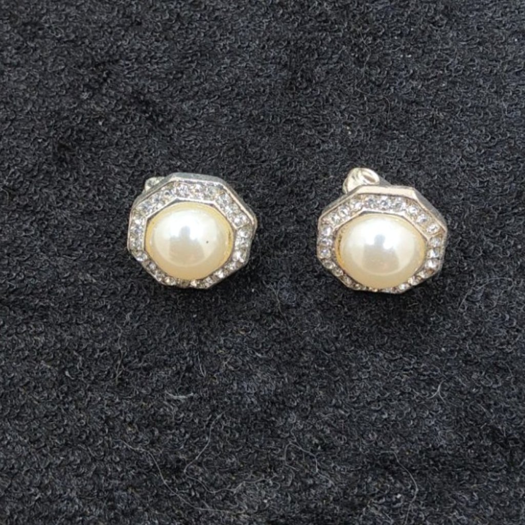 Vintage Jjg Jonette For Napier Silver Tone Octagon Faux Pearl Clip On Earrings